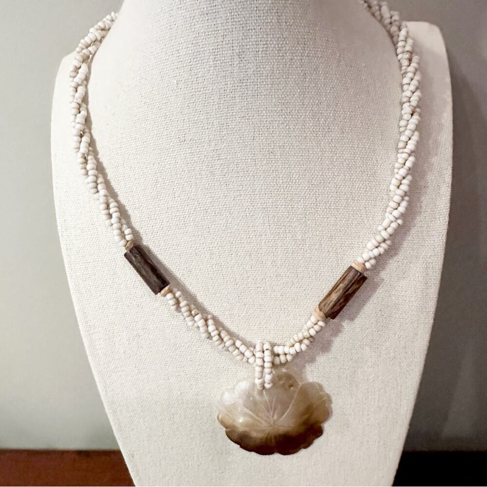 Mother of Pearl Flower Necklace Beaded Cream Seed Beads Boho Western Neutral MOP